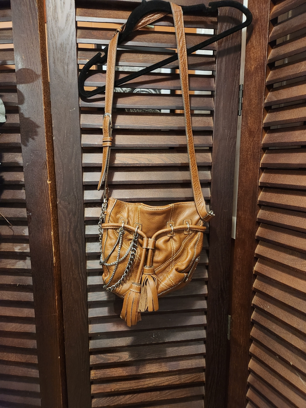 Hype Tan Leather Crossbody Bag with Tassel & Chain Detail
